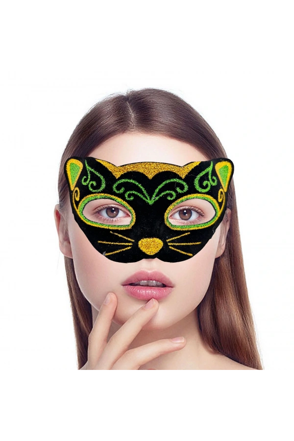 Bidebuvar Siyah Kadife Sarı Yeşil Simli Kedi Maskesi