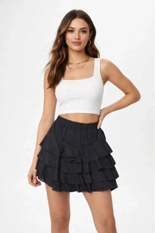 Bidebuvar Siyah Katlı Mini Fırfıtlı Etek Lastikli Yüksel Bel, Volanlı Tasarım, Rahat Kalıp, Günlük Ve Şık Kombinelere Uygun Yazlık Etek - Siyah