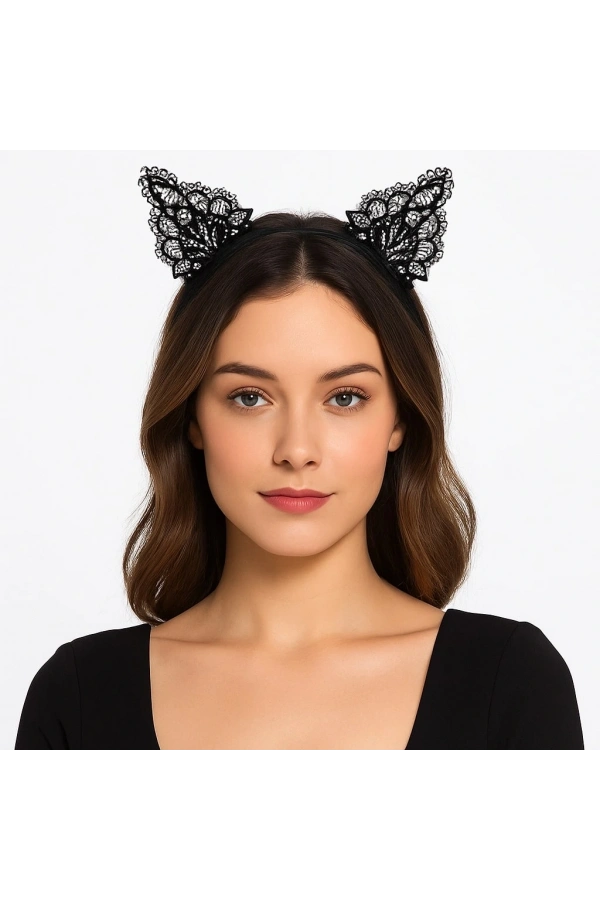 Bidebuvar Siyah Kedi Dantel Taç + Eldiven Seti – Parti, Dans ve Kostüm Kombini