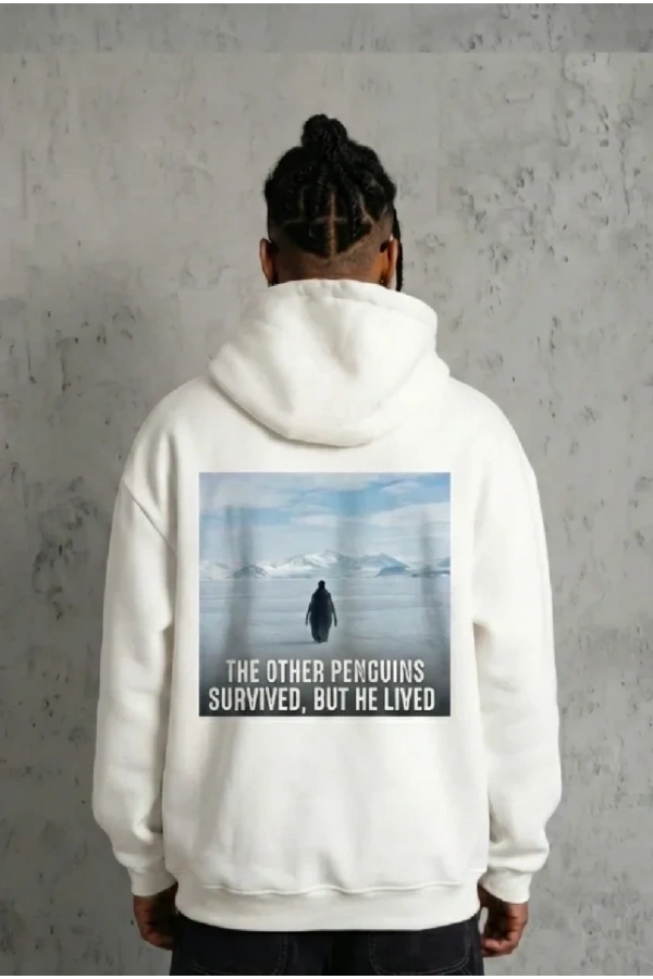 Bidebuvar Siyah Oversize Hoodie - Sırt Baskılı Survivor Penguin Temalı, Felsefi Yazılı Kapüşonlu Sweatshirt - Beyaz