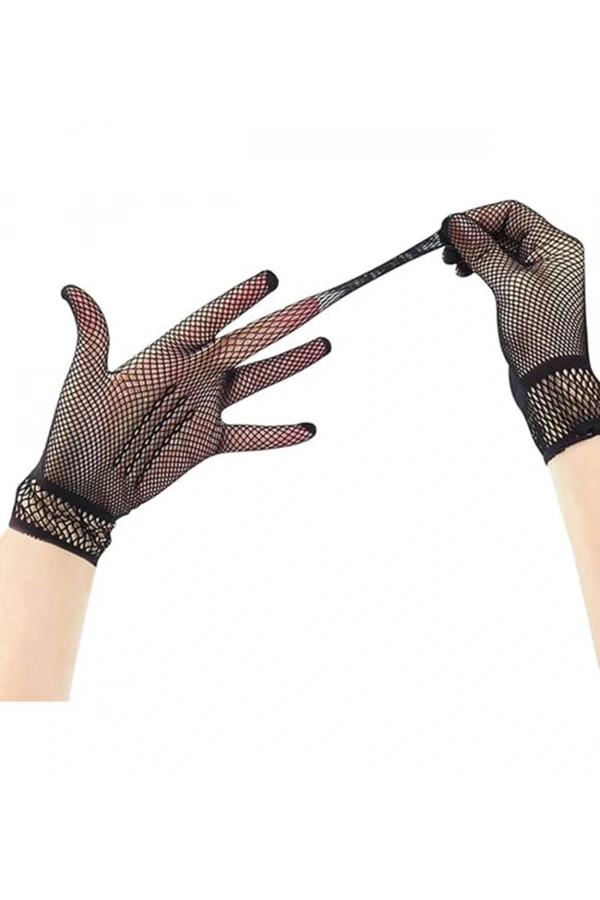 Bidebuvar Siyah Renk Likralı File Eldiven Parmaklı Örgü Eldiven Yetişkin Boy