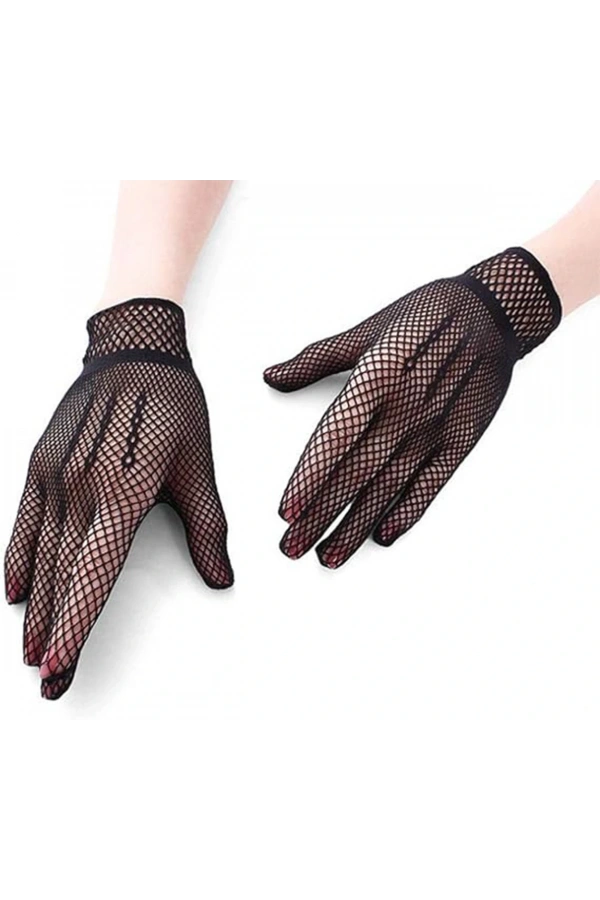 Bidebuvar Siyah Renk Likralı File Eldiven Parmaklı Örgü Eldiven Yetişkin Boy