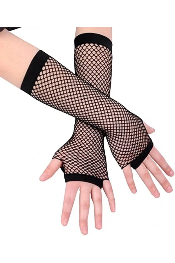 Bidebuvar Siyah Renk Uzun File Eldiven - Örgü Eldiven Siyah Renk