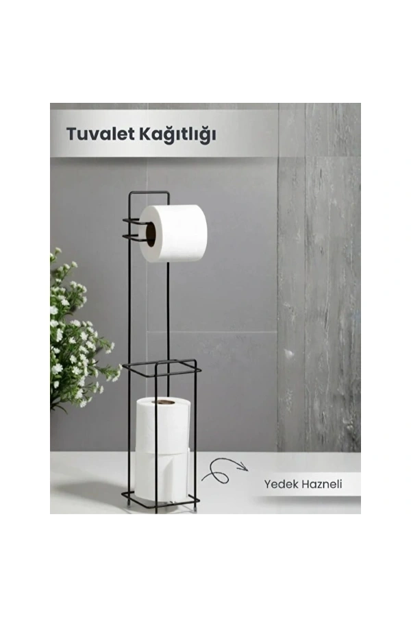 Bidebuvar Siyah Standlı Yedek Hazneli Tuvalet Kağıtlığı