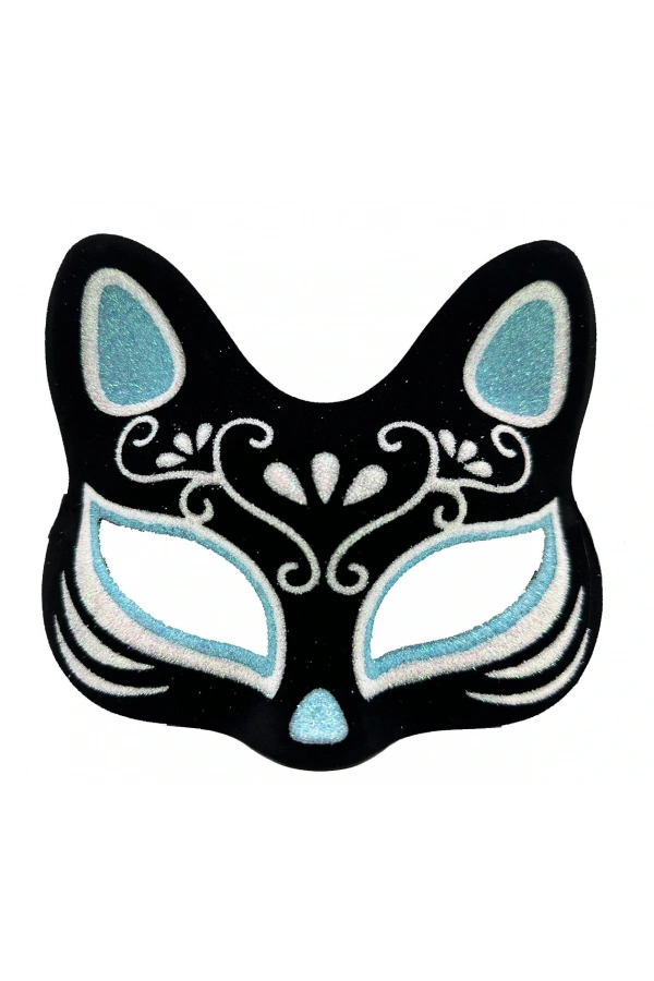Bidebuvar Siyah Süet Gümüş Mavi Simli Kedi Maskesi