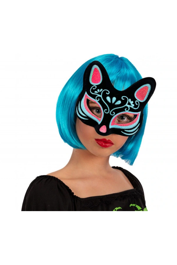 Bidebuvar Siyah Süet Mavi Kırmızı Simli Kedi Maskesi