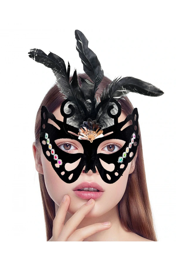Bidebuvar Siyah Süet Tüylü Kelebek Figür Parti Maskesi