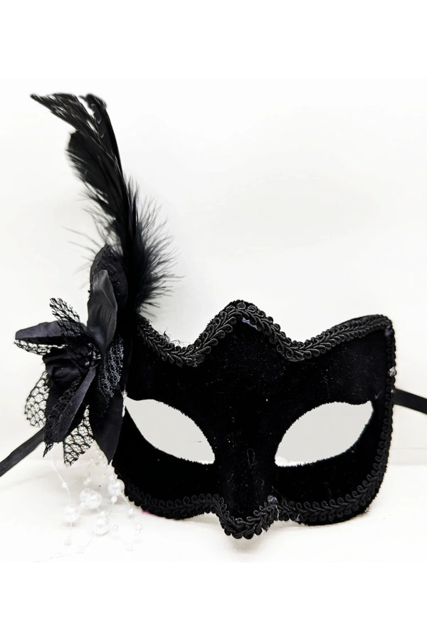 Bidebuvar Siyah Süet Yandan Tüylü İncili Parti Maskesi