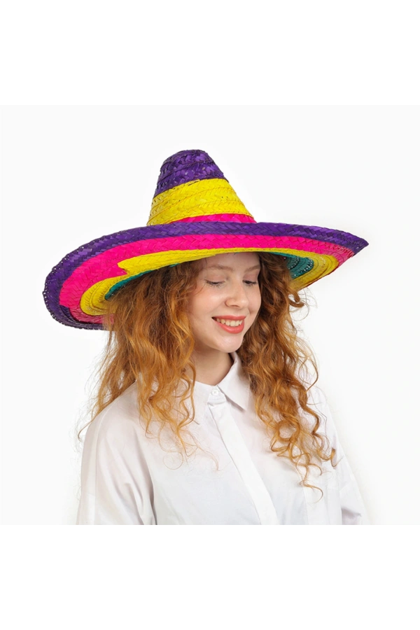 Bidebuvar Sombrero Meksika Şapkası Renkli Örme Hasır Çocuk Boy