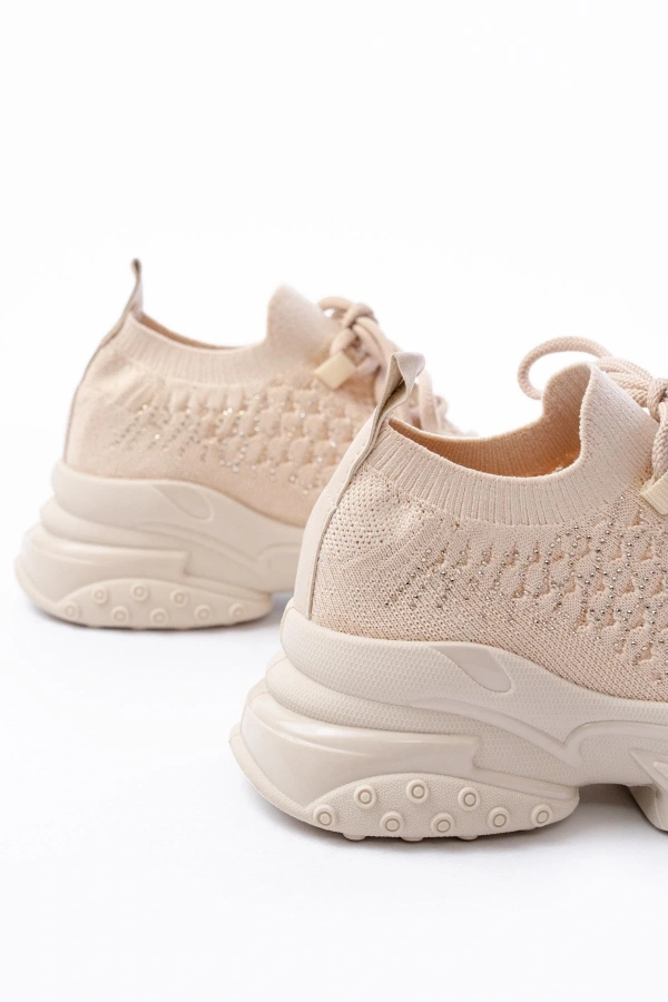 Bidebuvar SP-2024 Bej Günlük Bağcıklı Fileli Taş Aksesuarlı Kadın Spor Ayakkabı