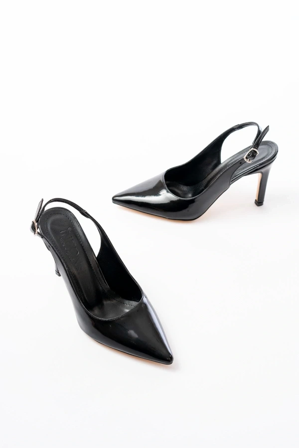 Bidebuvar ST-1153 Siyah Rugan Günlük Arkası Açık 9 cm Topuklu Kadın Ayakkabı