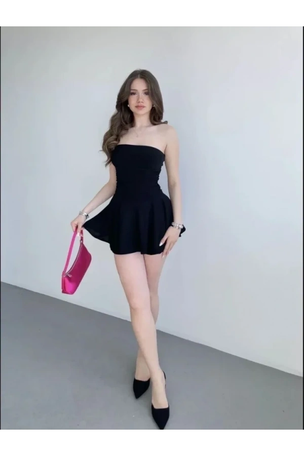 Bidebuvar Straplez Mini Etek Görünümlü Şortlu Elbise Büzgülü Şık Yazlık - Siyah