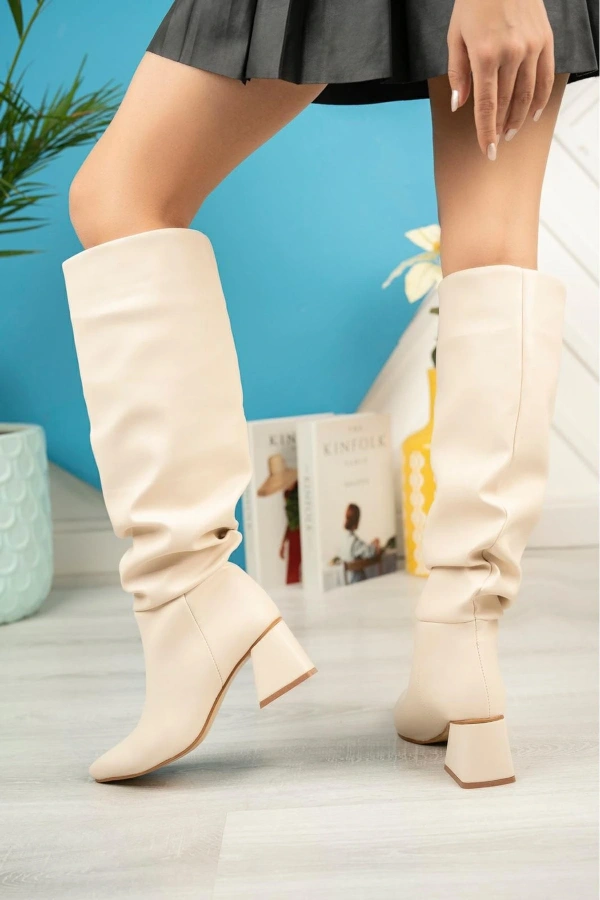 Bidebuvar SYT-2002 Bej Körüklü Kalın Topuklu Günlük Bayan Çizme