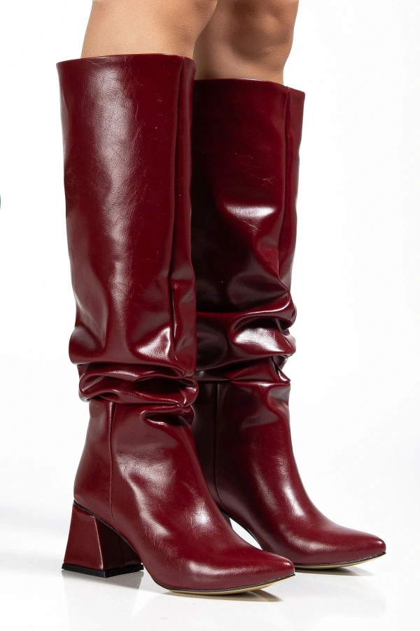 Bidebuvar SYT-2002 Bordo Kırışık Rugan Körüklü Kalın Topuklu Günlük Bayan Çizme