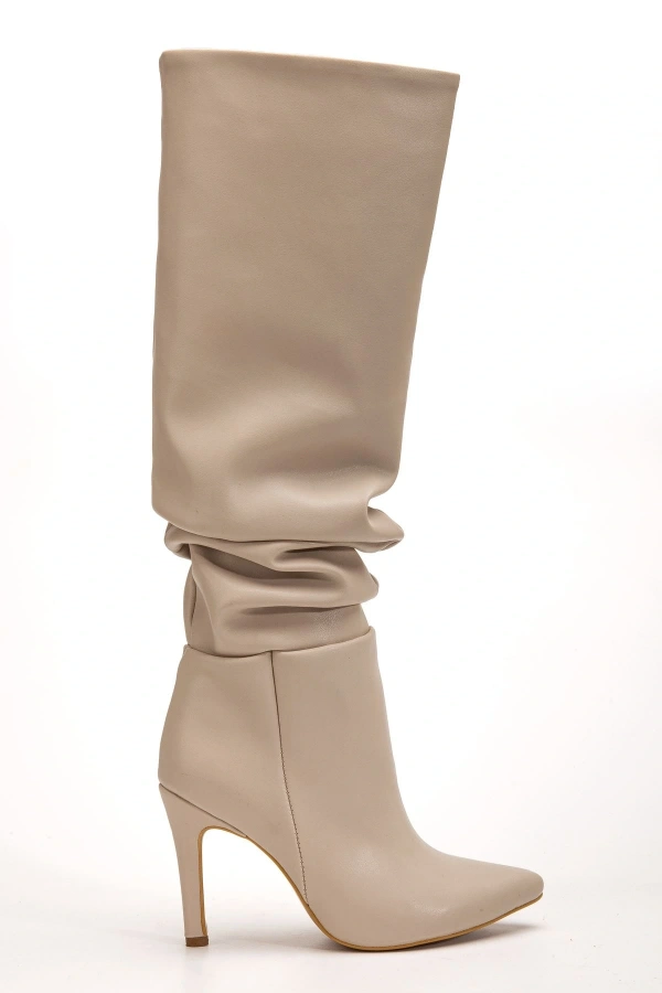 Bidebuvar SYT-2003 Bej Körüklü İnce Topuklu Günlük Bayan Çizme