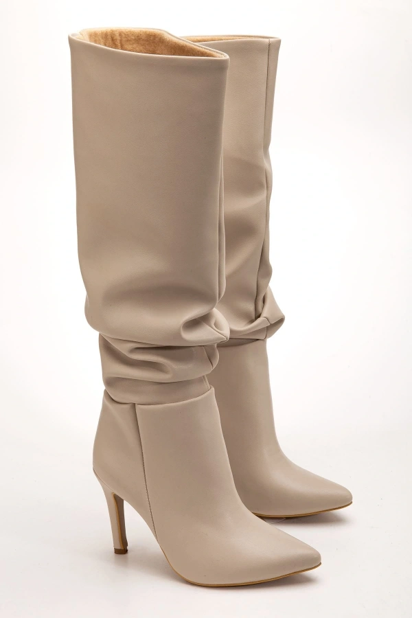 Bidebuvar SYT-2003 Bej Körüklü İnce Topuklu Günlük Bayan Çizme
