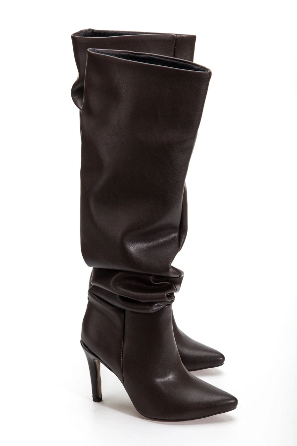 Bidebuvar SYT-2003 Kahve Körüklü İnce Topuklu Günlük Bayan Çizme