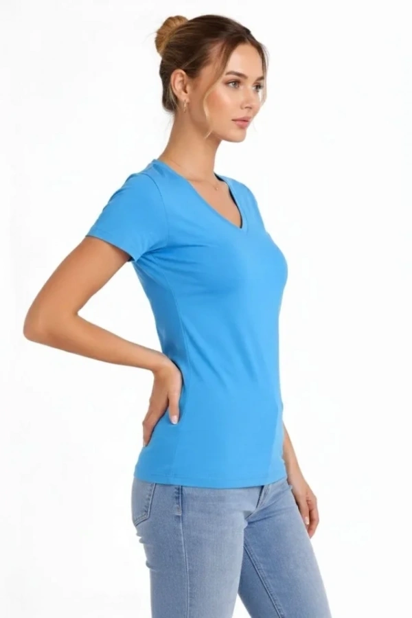 Bidebuvar T-Shirt V Yaka Slim Fit Likralı Tişört Günlük Basic Body - Açık Mavi