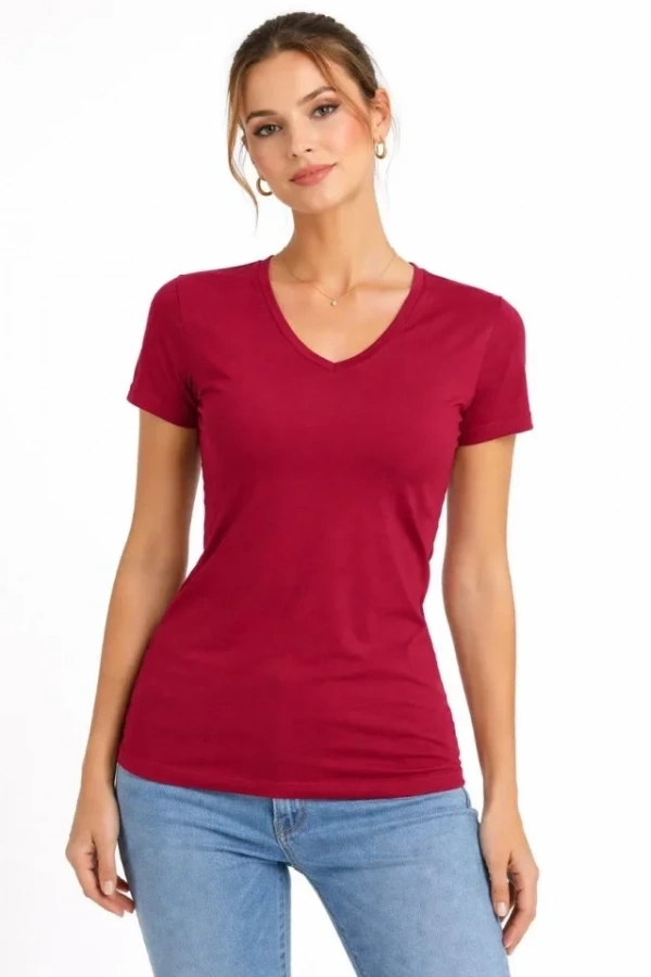 Bidebuvar T-Shirt V Yaka Slim Fit Likralı Tişört Günlük Basic Body - Bordo