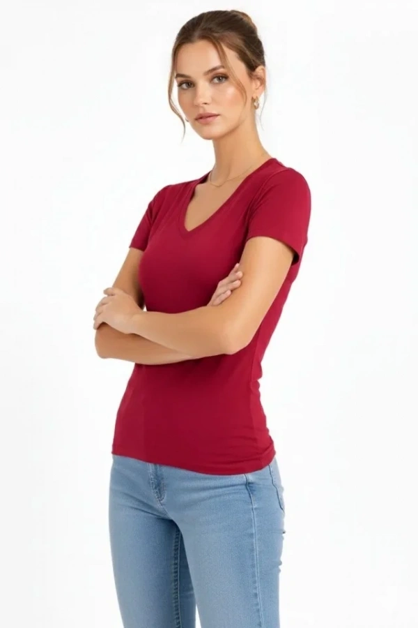 Bidebuvar T-Shirt V Yaka Slim Fit Likralı Tişört Günlük Basic Body - Bordo