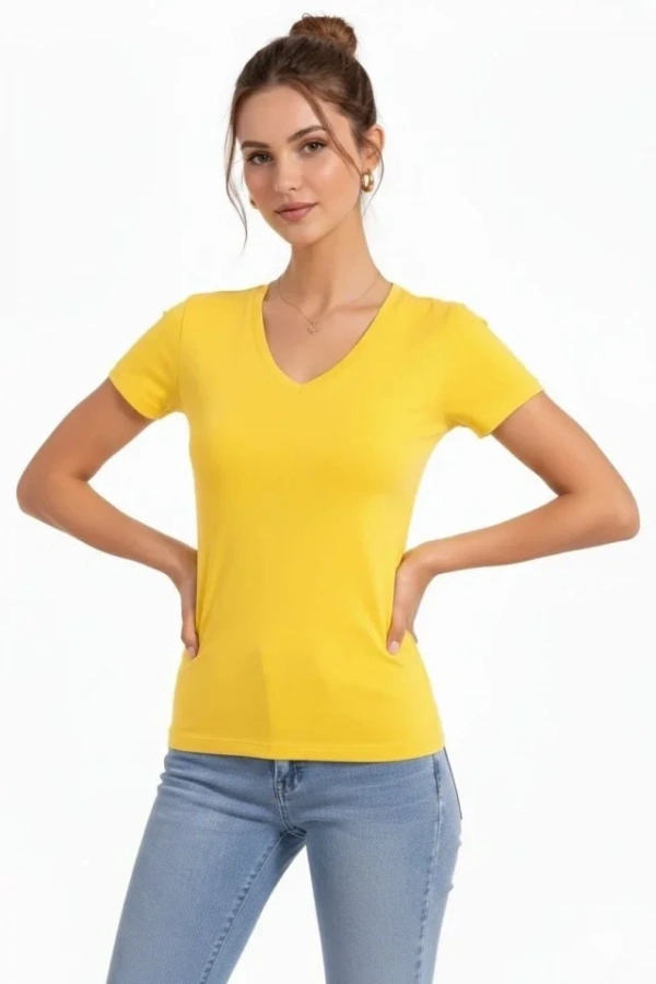 Bidebuvar T-Shirt V Yaka Slim Fit Likralı Tişört Günlük Basic Body - Sarı