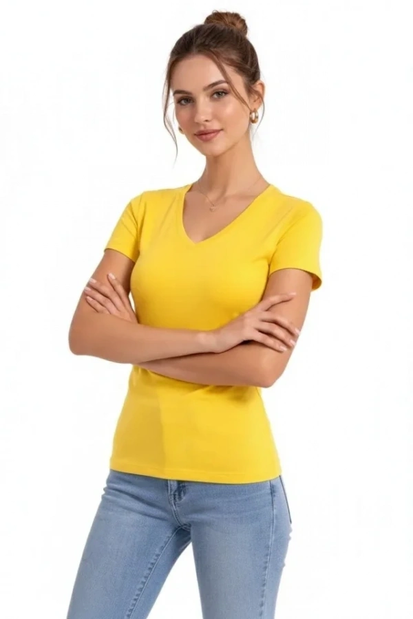 Bidebuvar T-Shirt V Yaka Slim Fit Likralı Tişört Günlük Basic Body - Sarı