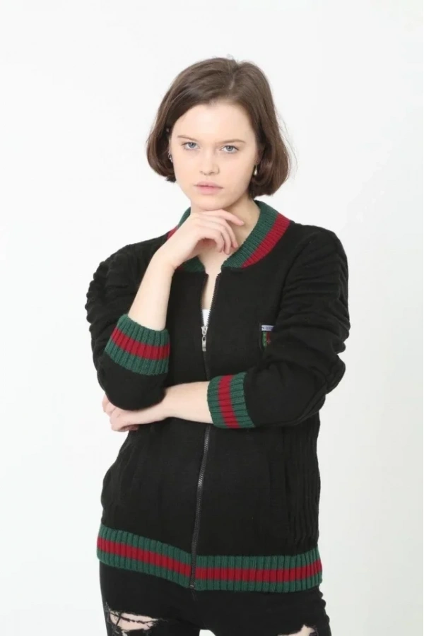 Bidebuvar Tam Fermuarlı Triko Hırka - Siyah