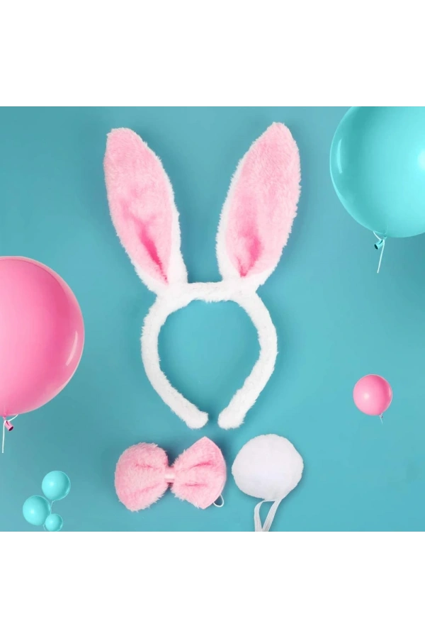 Bidebuvar Tavşan Kostüm Seti Taç Papyon Kuyruk Pembe Renk