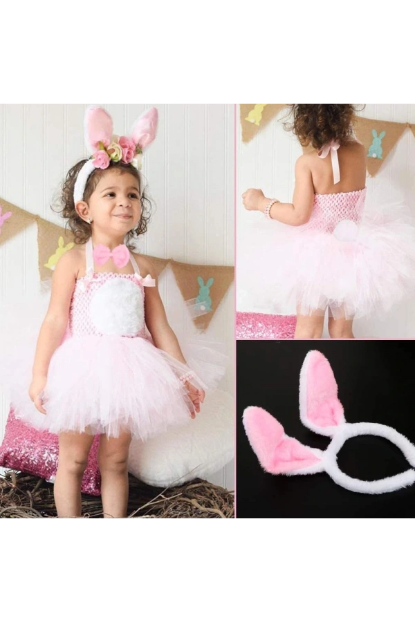 Bidebuvar Tavşan Kostüm Seti Taç Papyon Kuyruk Pembe Renk