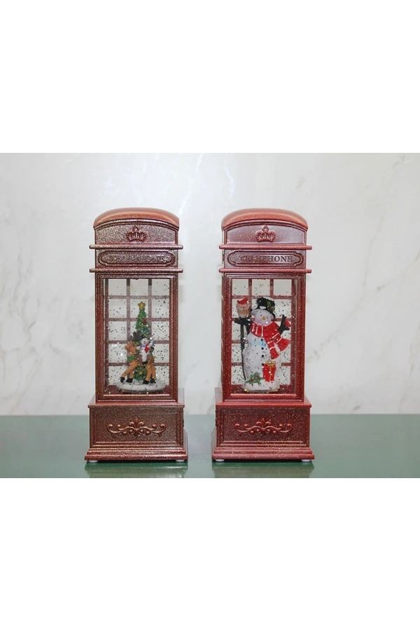 Bidebuvar Telefon Kulübesi Tasarımlı Yılbaşı Temalı Işıklı Müzikli Kar Küresi Model 2
