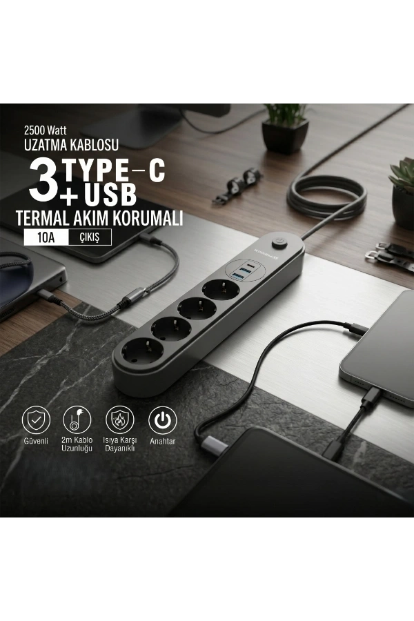 Bidebuvar Termal Akım Korumalı 4 Prizli USB Girişli Uzatma Kablosu