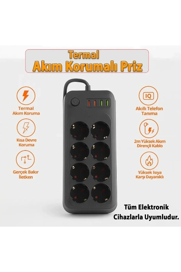 Bidebuvar Termal Akım Korumalı 8 Prizli Uzatma Kablosu