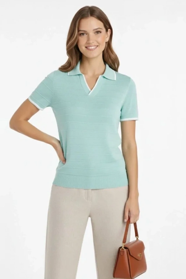 Bidebuvar Triko Kumaş Yakalı Düğmesiz Açık Yaka Fitilli Kısa Kollu Regular Fit Tişört T-shirt - Mint Yeşili