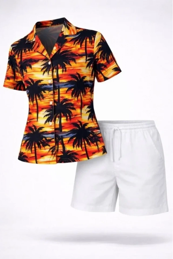 Bidebuvar Tropikal Palmiye Desenli Gömlek Şort Takım Yazlık Rahat Kalıp - Desenli