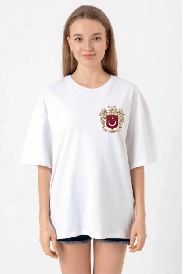Bidebuvar Türk Arma Baskılı Oversize Bisiklet Yaka Günlük T-shirt - Beyaz