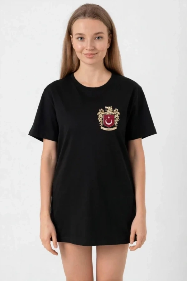 Bidebuvar Türk Arma Baskılı Oversize Bisiklet Yaka Günlük T-shirt - Siyah