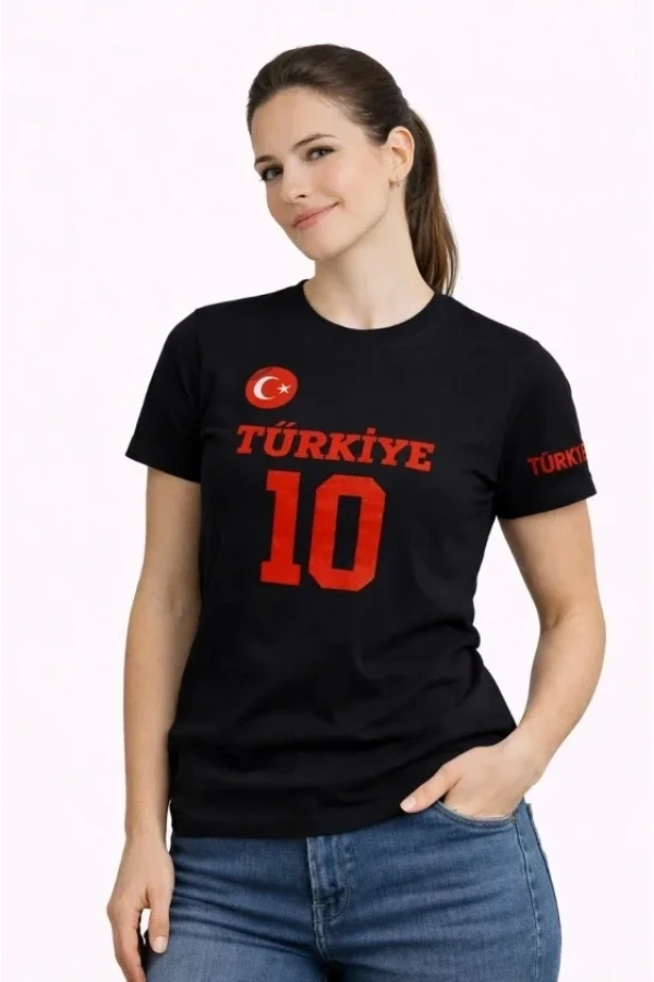 Bidebuvar TÜRKİYE Ay Yıldız Baskılı 10 Numara Forma Tişört Taraftar T-Shirt - Siyah