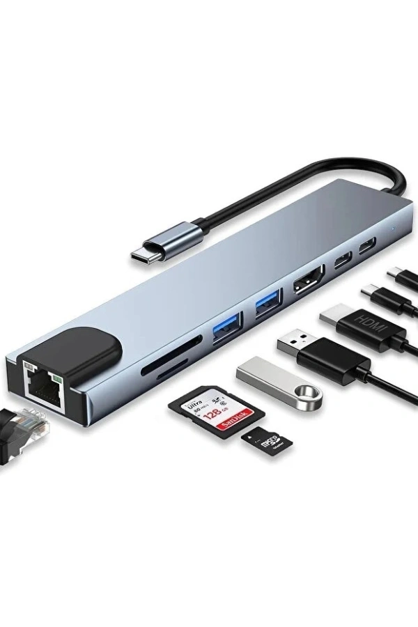 Bidebuvar Type C Girişli 8 Port Dönüştürücü Ve Çoklayıcı