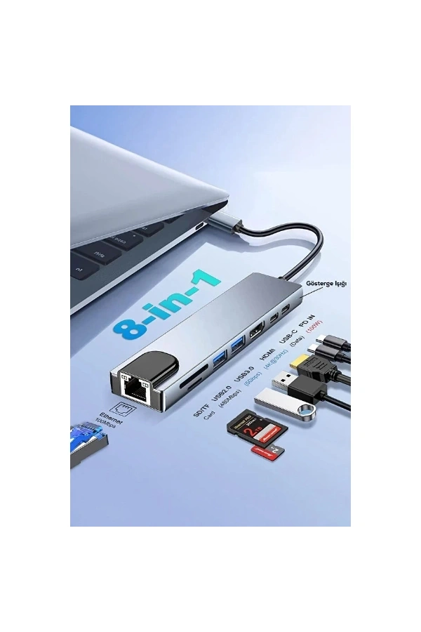 Bidebuvar Type C Girişli 8 Port Dönüştürücü Ve Çoklayıcı