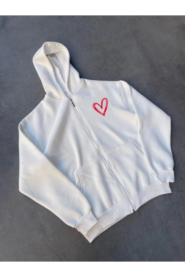 Bidebuvar Üç İplik Baskılı Fermuarlı Kapşonlu Hırka - Beyaz