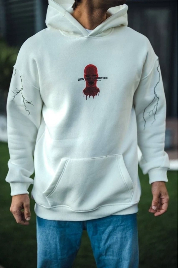 Bidebuvar Üç İplik Kapşonlu Baskılı Oversize SweatShirt- Beyaz