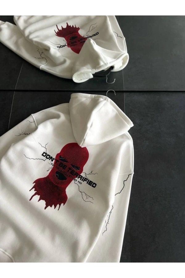 Bidebuvar Üç İplik Kapşonlu Baskılı Oversize SweatShirt- Beyaz