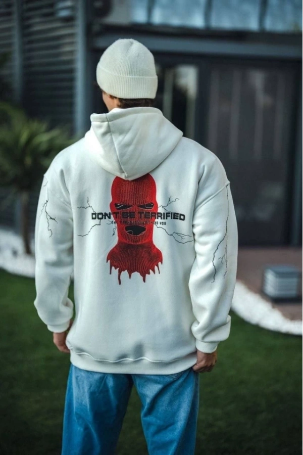 Bidebuvar Üç İplik Kapşonlu Baskılı Oversize SweatShirt- Beyaz