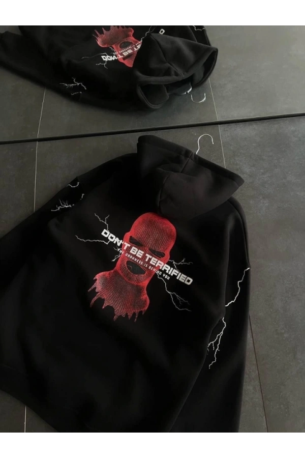 Bidebuvar Üç İplik Kapşonlu Baskılı Oversize SweatShirt- Siyah