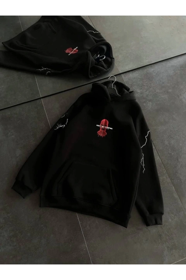 Bidebuvar Üç İplik Kapşonlu Baskılı Oversize SweatShirt- Siyah