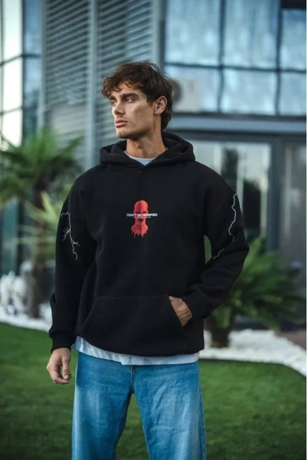 Bidebuvar Üç İplik Kapüşonlu Baskılı Oversize SweatShirt- Siyah