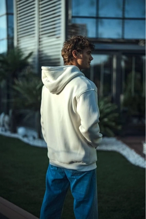 Bidebuvar Üç İplik Penye Kapşonlu Basic SweatShirt - Beyaz