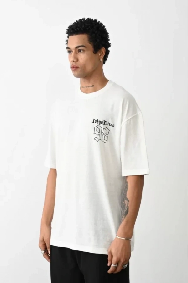 Bidebuvar Unisex Baskılı Oversize T-Shirt - Beyaz