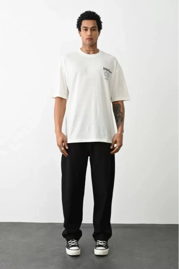 Bidebuvar Unisex Baskılı Oversize T-Shirt - Beyaz