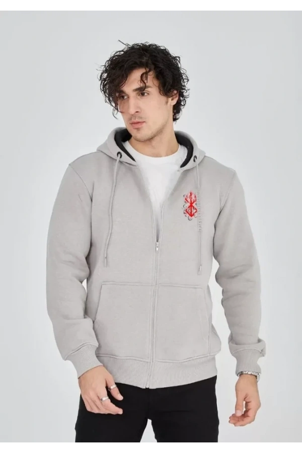 Bidebuvar Unisex Baskılı Tam Fermuarlı Kapşonlu SweatShirt - Boyalı Gri